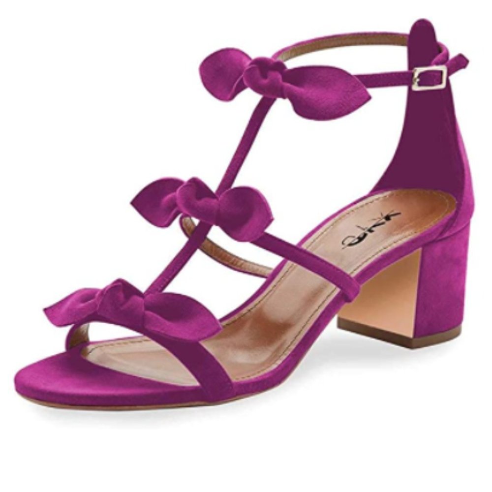 XYD Purple Cute T-Strap Block Chunky Heel Open Toe Bows Gladiator Sandals